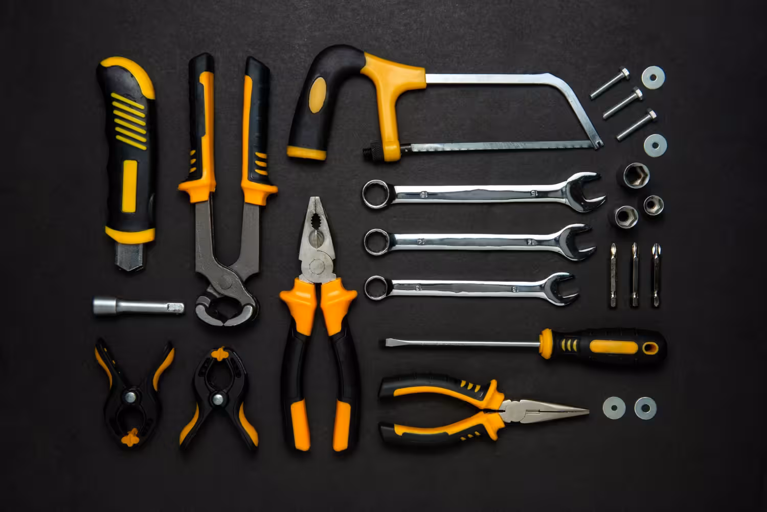 Organized set of tools laid out on a work surface